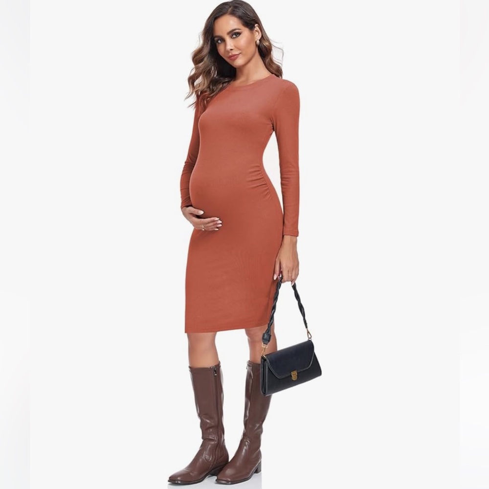 Rust Rib Knit Long Sleeve & Side Ruched Bodycon Maternity Dress